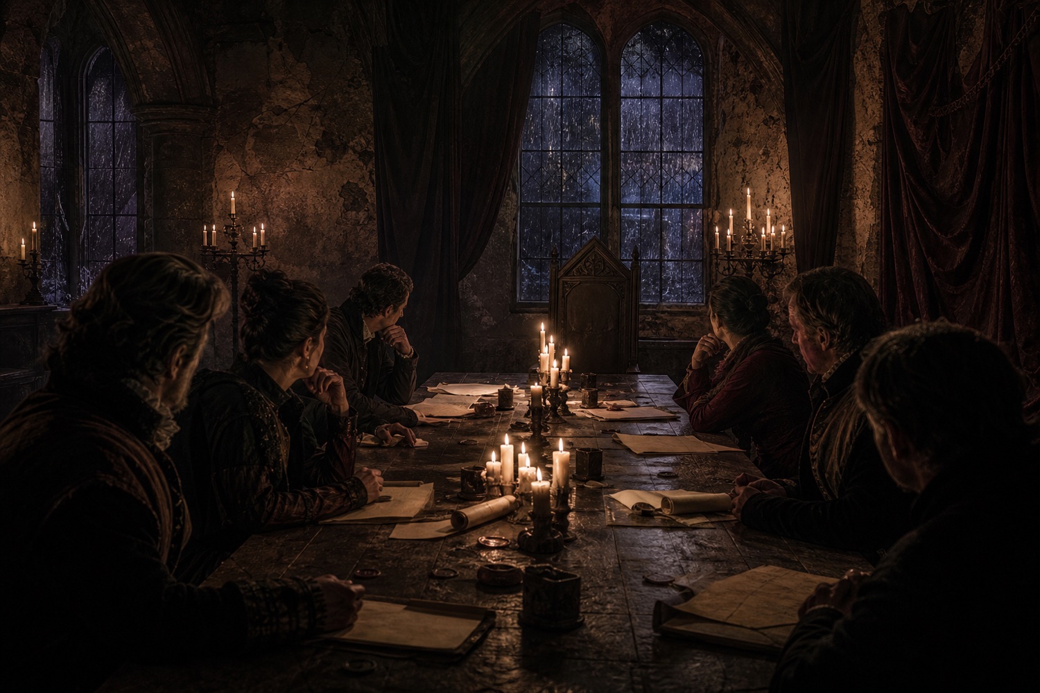 An anonymous council gathers around a candlelit table in a weathered stone hall.