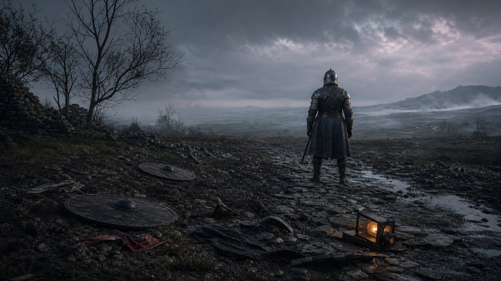 A lone anonymous armoured figure stands on a rain-darkened field after conflict.